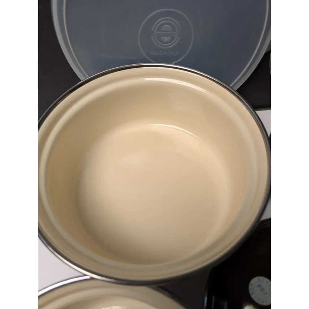Vtg 70s Moneta Enamelware Pot Pan Set w/Lids 2 Cream Orange Brown Floral 6pc NEW